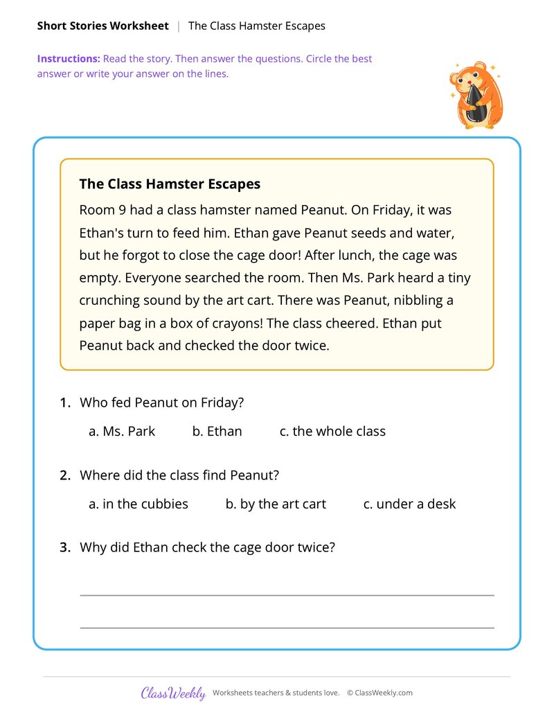 The Class Hamster Escapes (Short Story with Questions)