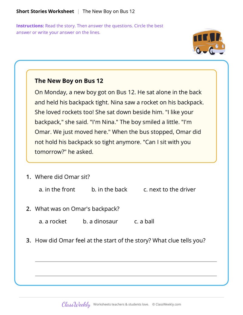 The New Boy on Bus 12 (Short Story with Questions)