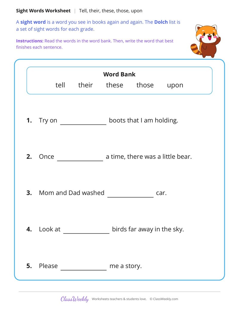 Dolch Words in Sentences, Tell to Upon - Page 2
