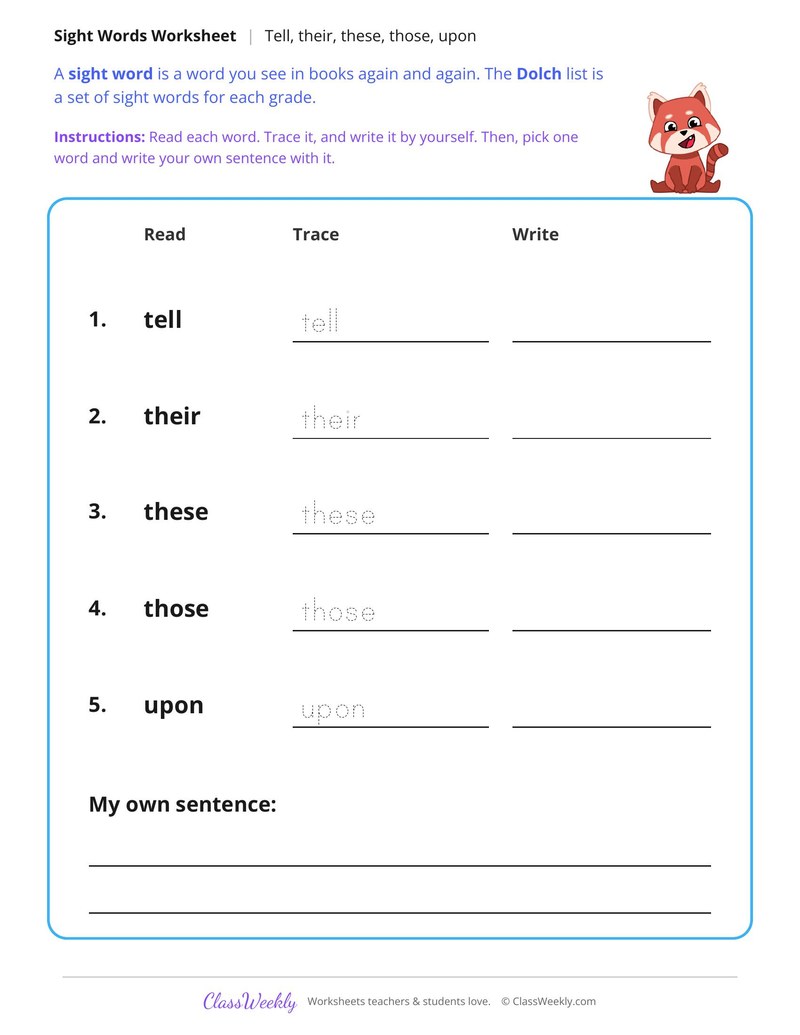 Dolch Words in Sentences, Tell to Upon - Page 1