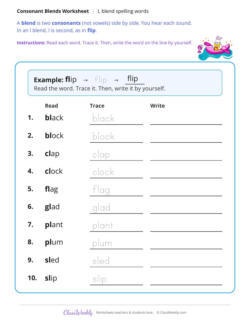 L Blend Spelling Words - Page 1