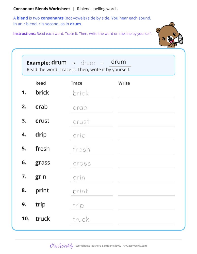 R Blend Spelling Words - Page 1