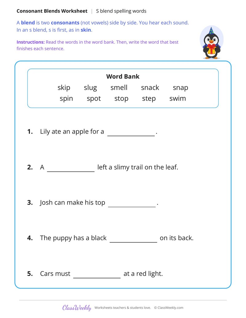 S Blend Spelling Words - Page 2