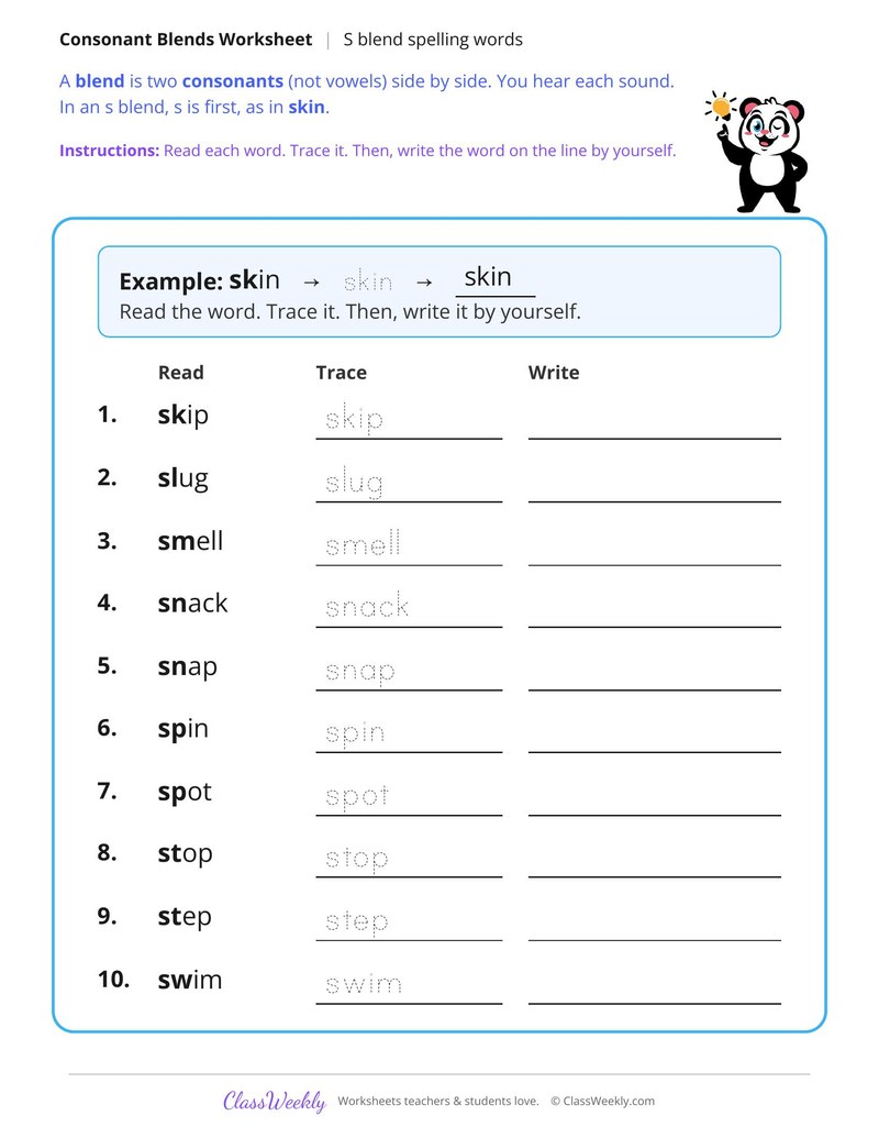 S Blend Spelling Words - Page 1