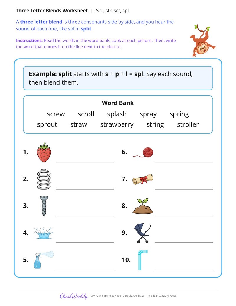Three Letter Blends, Spr, Str, Scr, Spl