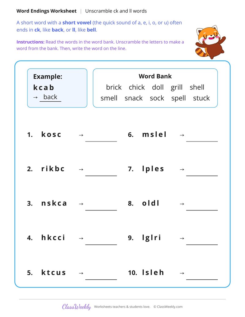 Unscramble Ck and Ll Words