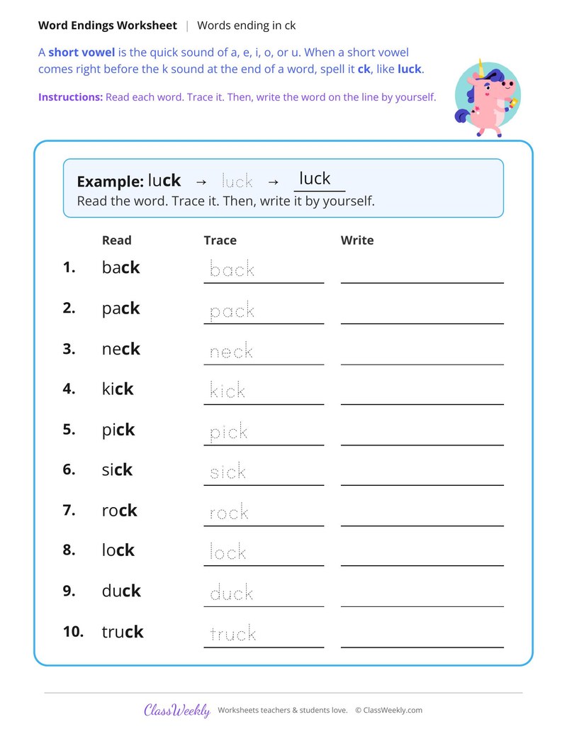 Words Ending in Ck - Page 1