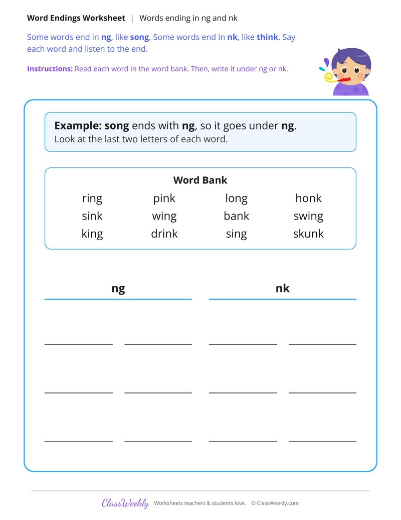 Words Ending in Ng and Nk - Page 1