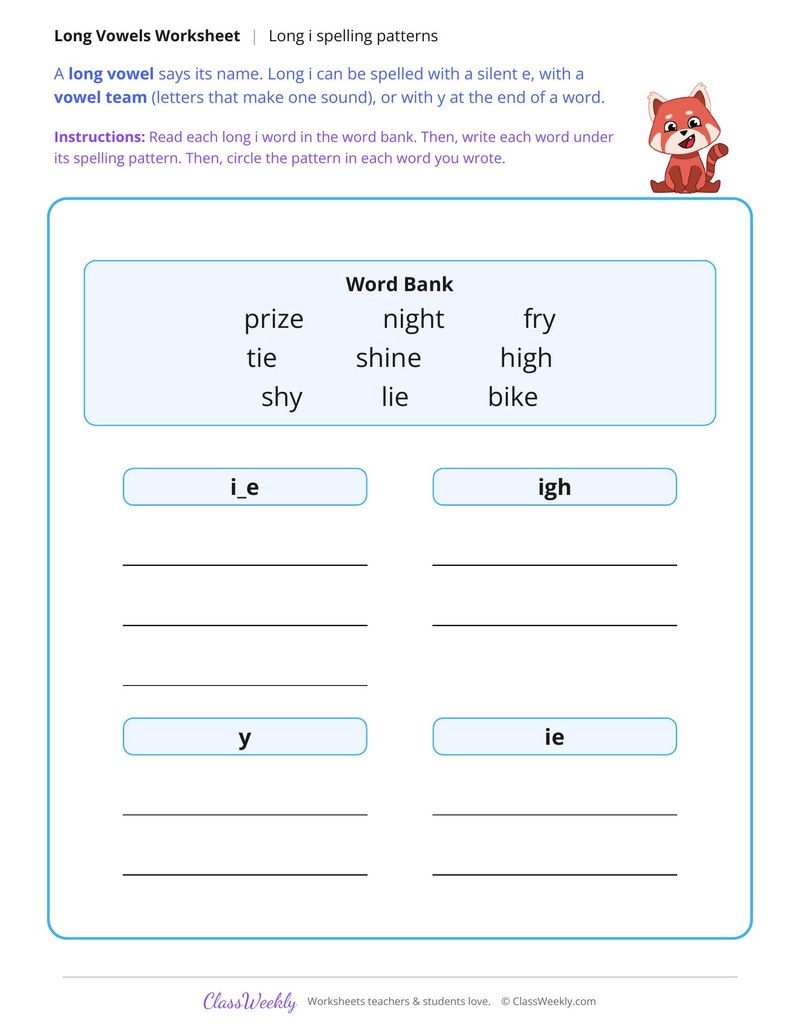 Long I Spelling Patterns Sort