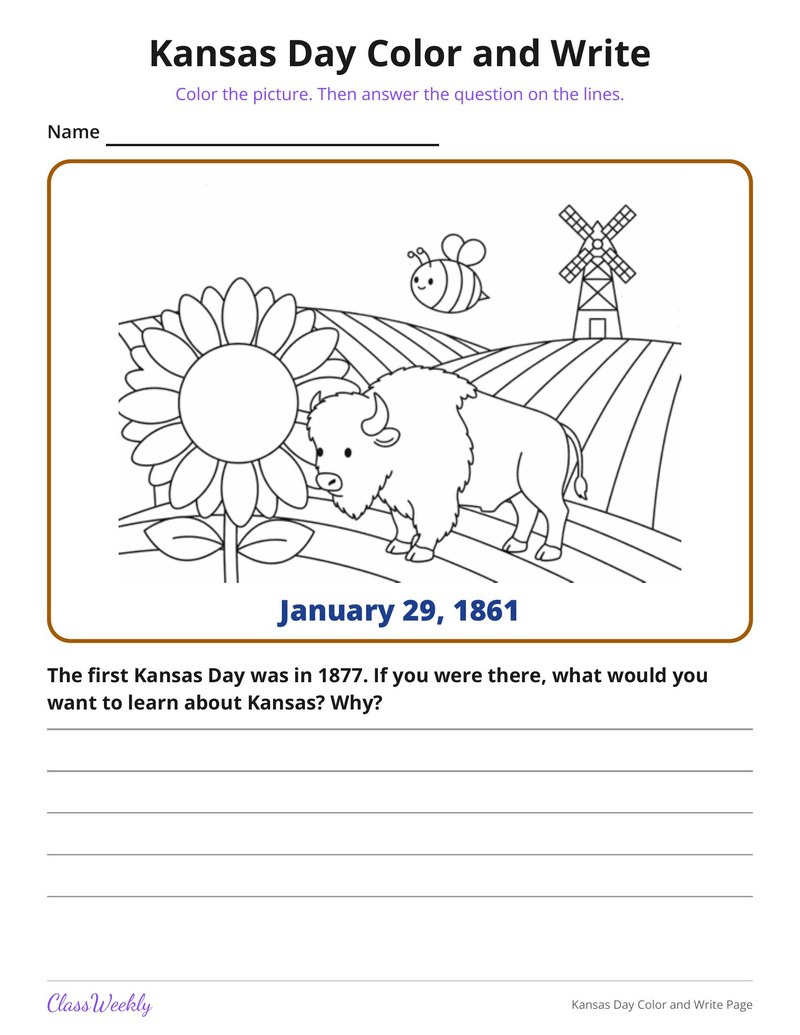 Kansas Day Color and Write Page
