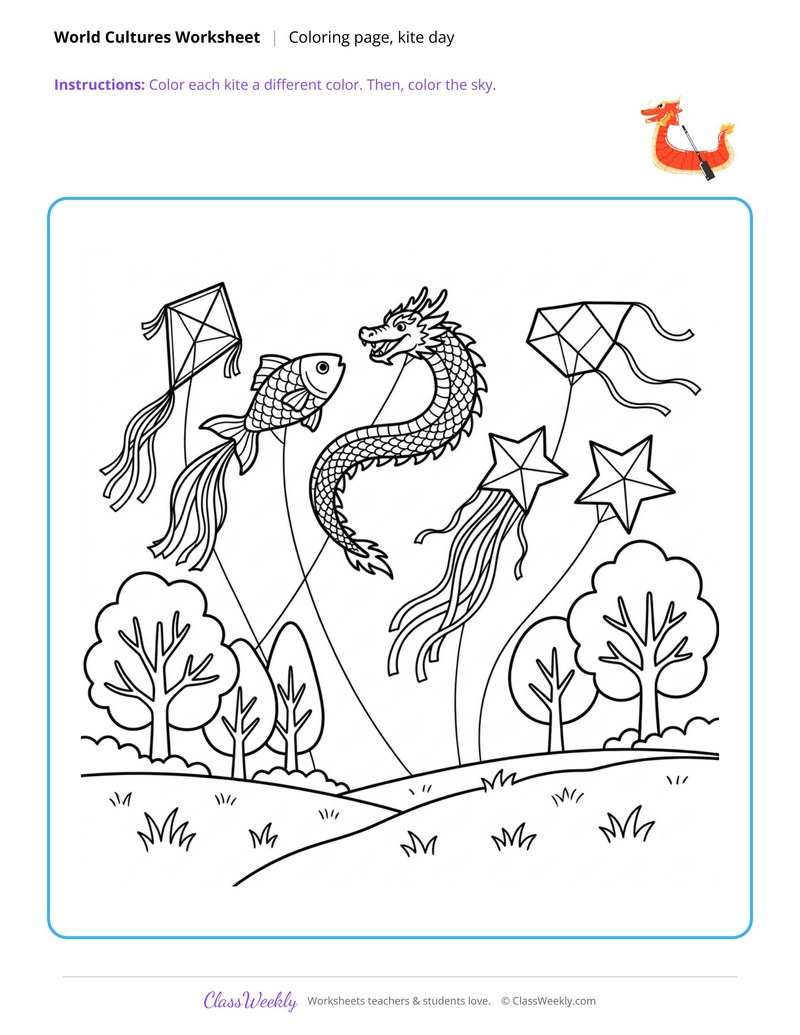 Kite Day Coloring Page - Diversity & World Cultures