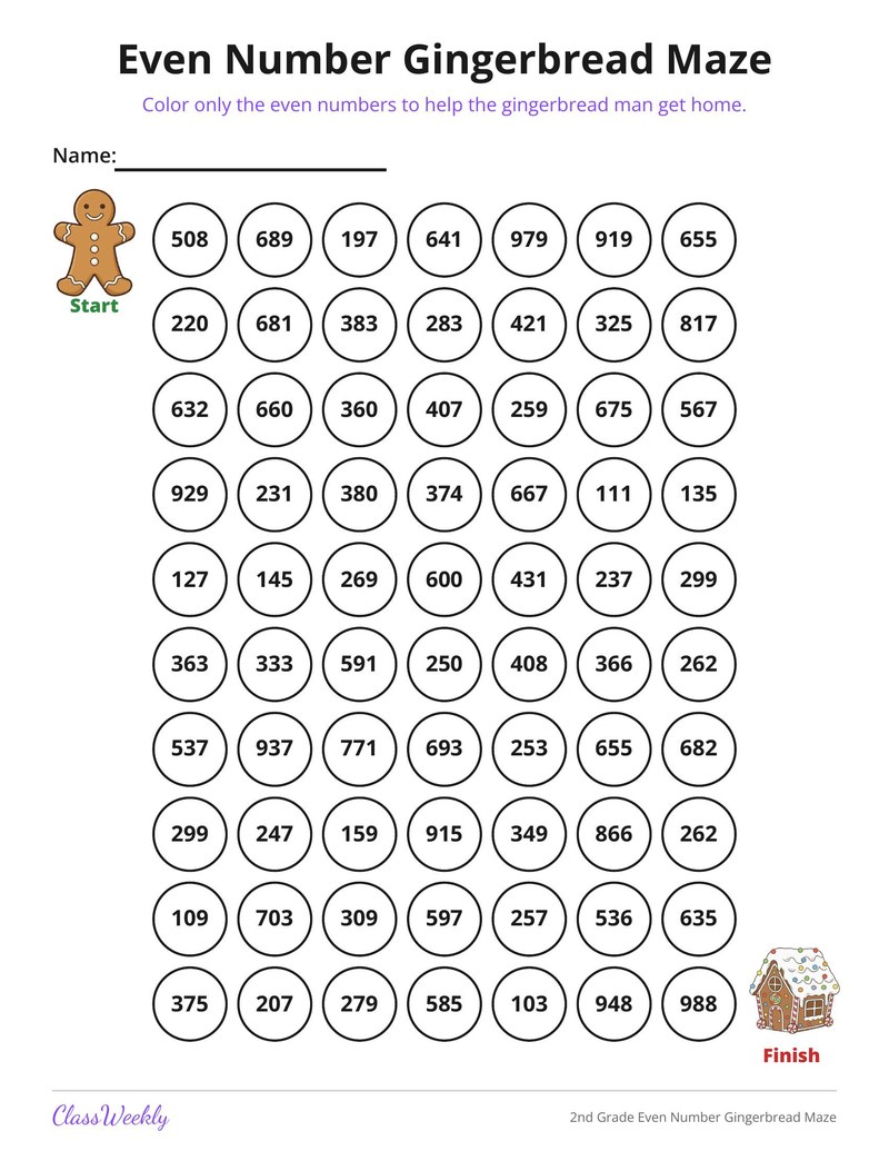 2nd Grade Even Number Gingerbread Maze