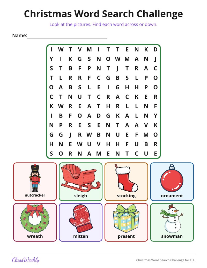 Christmas Word Search Challenge for ELL - Page 1