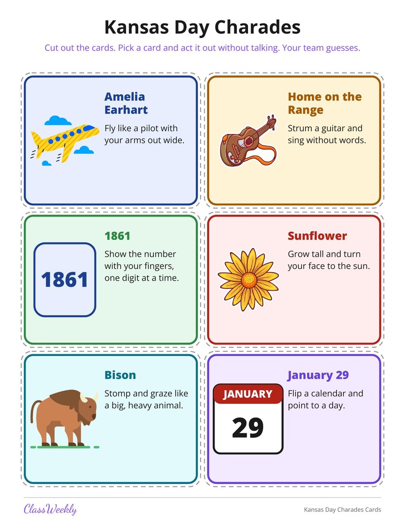 Kansas Day Charades Cards - Page 1