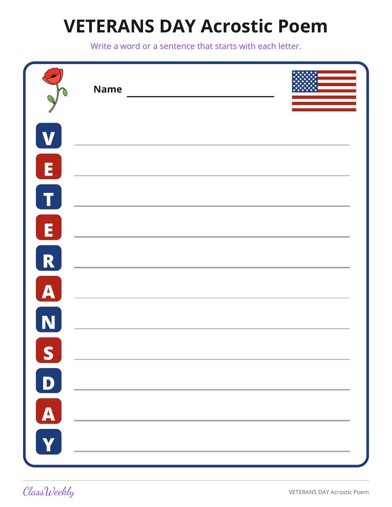 VETERANS DAY Acrostic Poem - Page 1