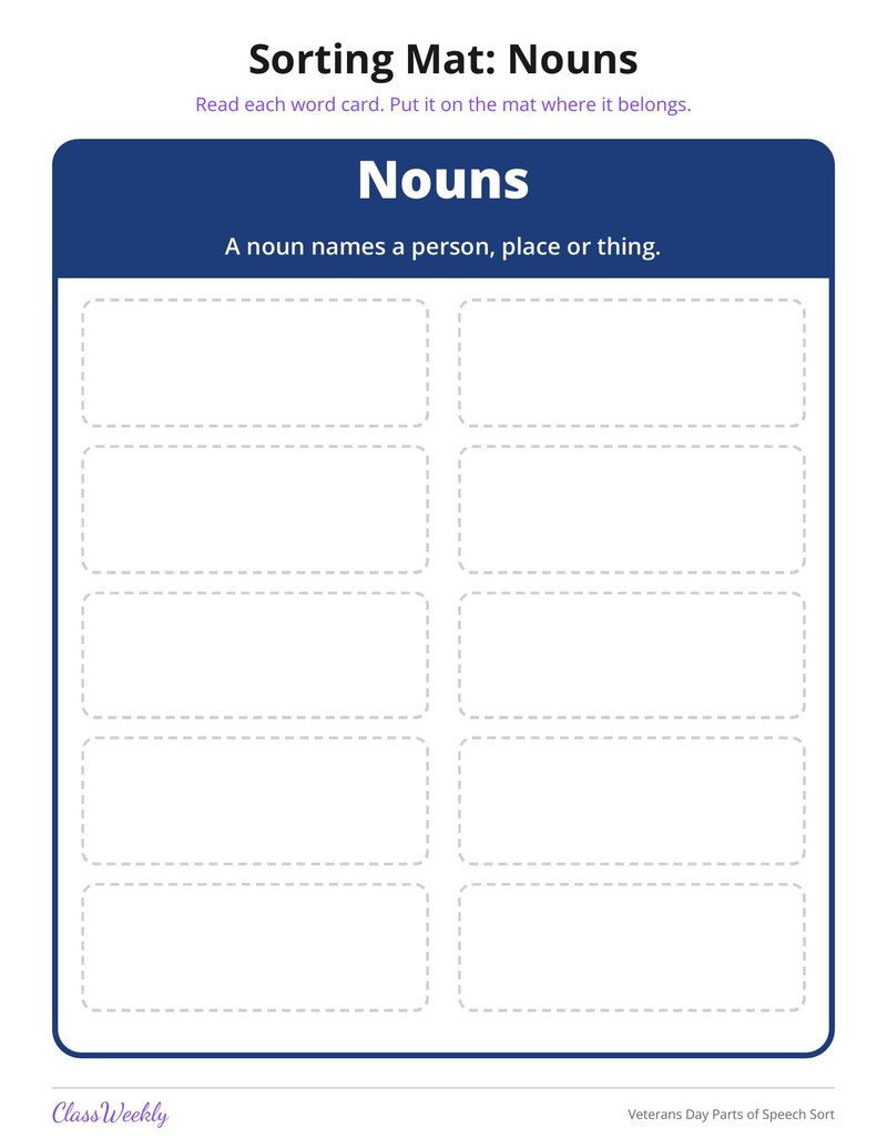 Veterans Day Parts of Speech Sort