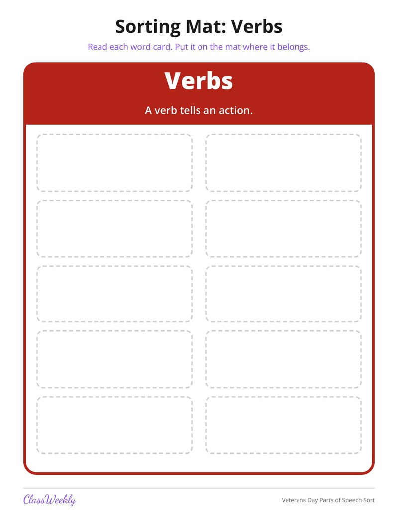 Veterans Day Parts of Speech Sort
