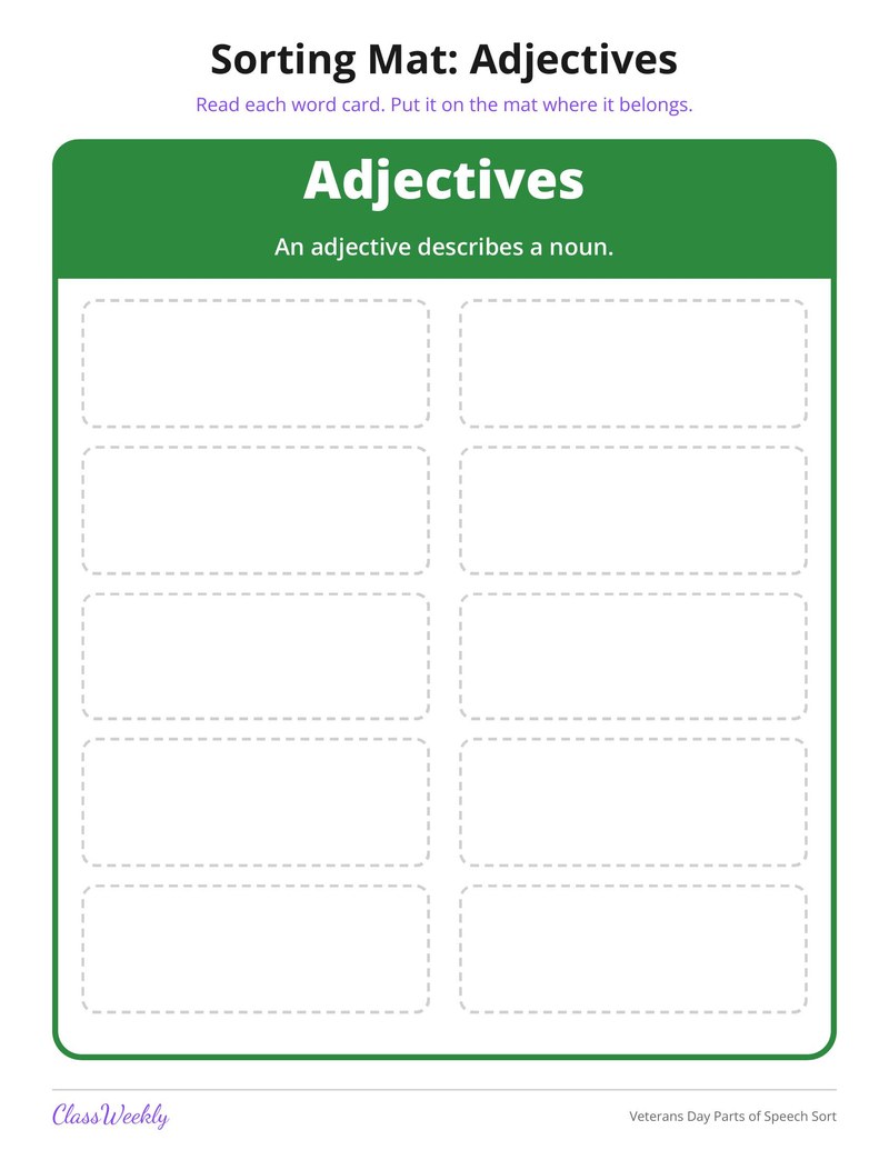 Veterans Day Parts of Speech Sort