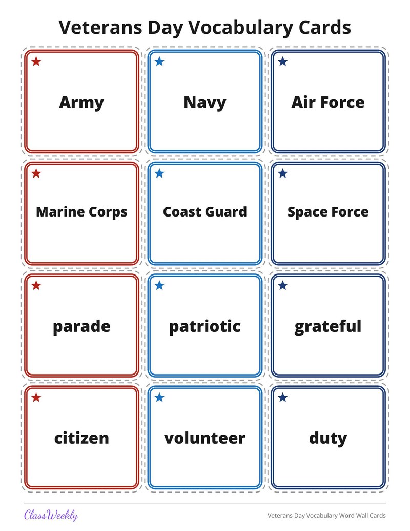 Veterans Day Vocabulary Word Wall Cards