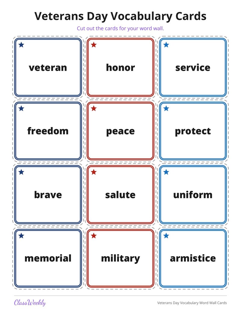 Veterans Day Vocabulary Word Wall Cards - Page 1