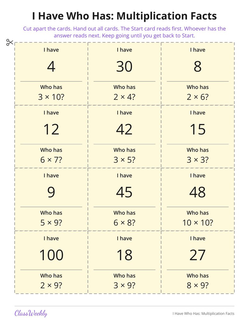 I Have Who Has: Multiplication Facts