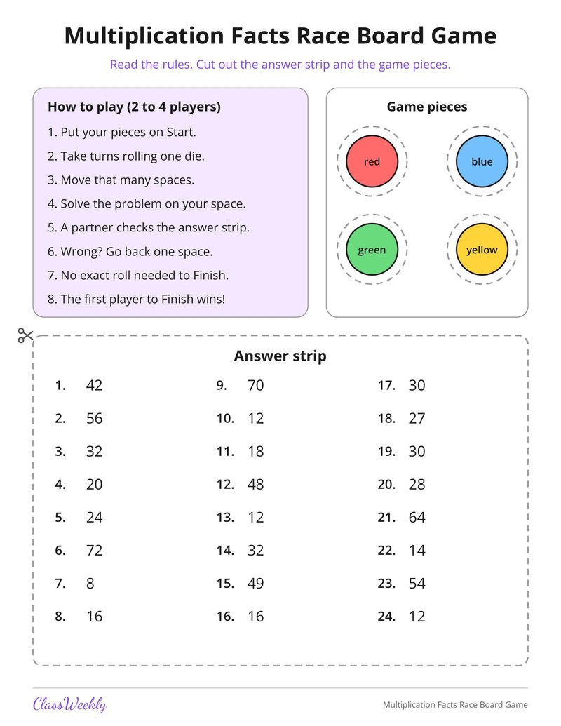 Multiplication Facts Race Board Game