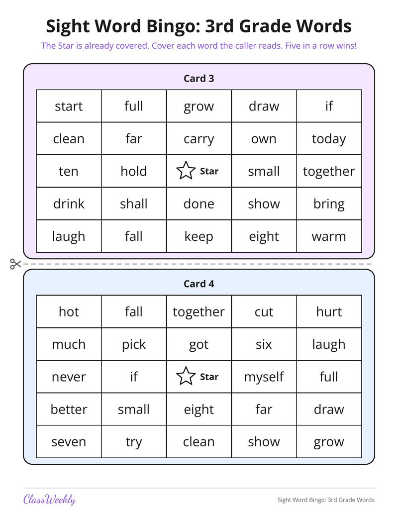 Sight Word Bingo: 3rd Grade Words