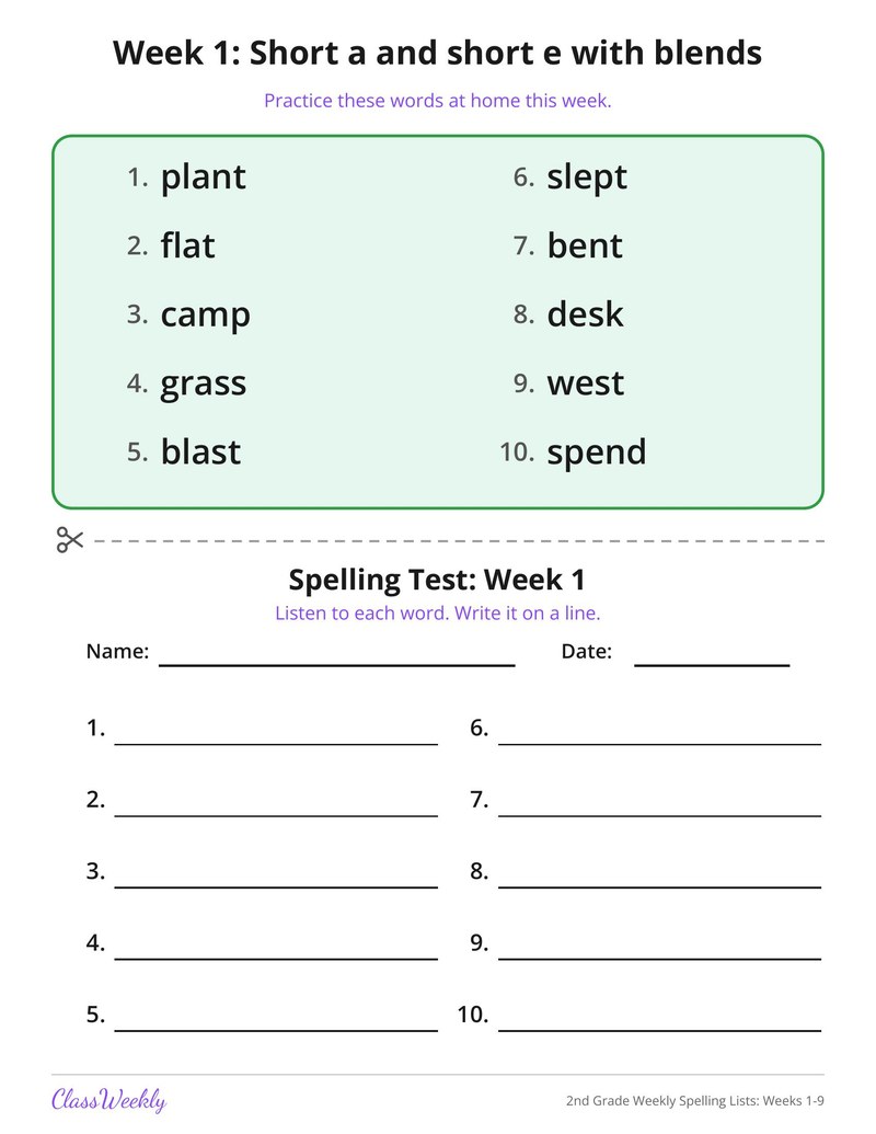 2nd Grade Weekly Spelling Lists: Weeks 1-9