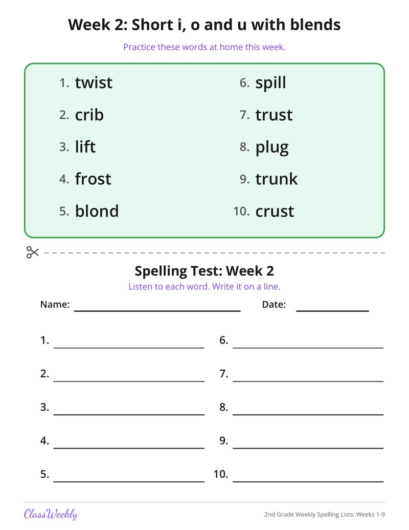 2nd Grade Weekly Spelling Lists: Weeks 1-9