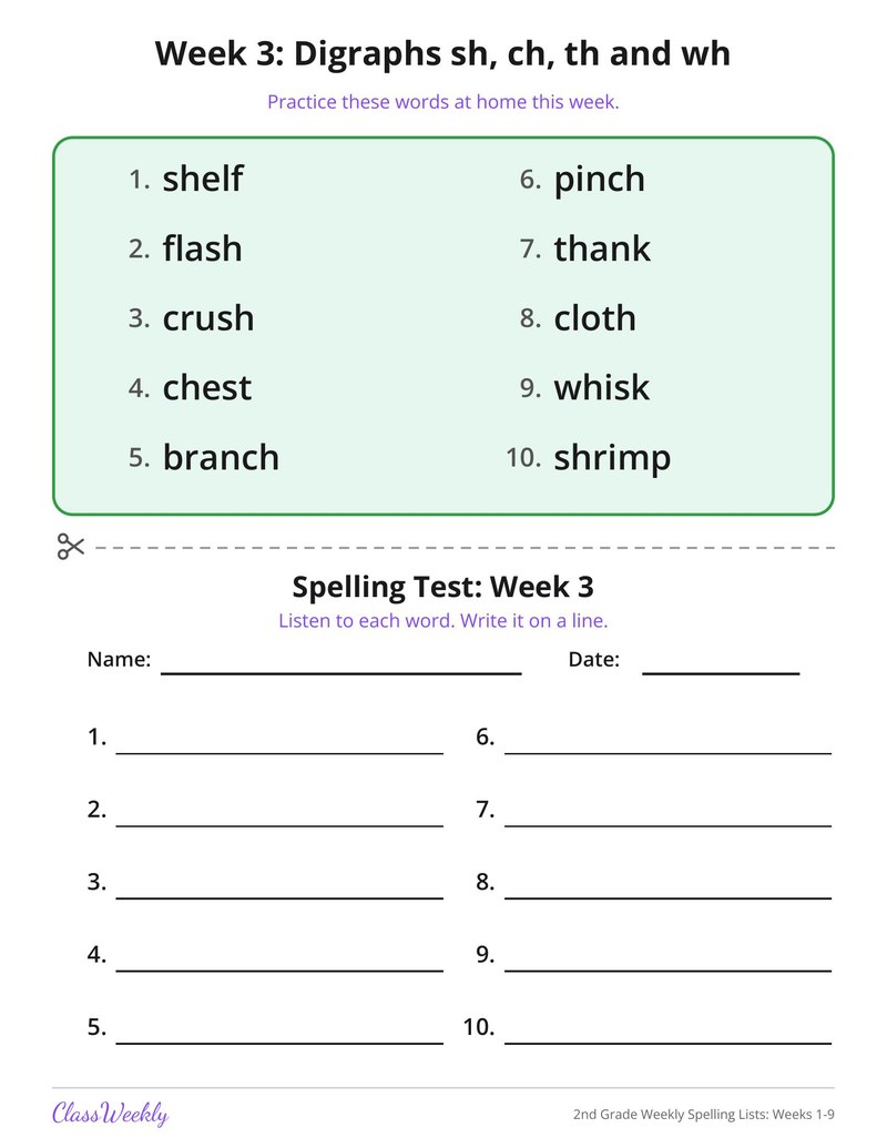 2nd Grade Weekly Spelling Lists: Weeks 1-9