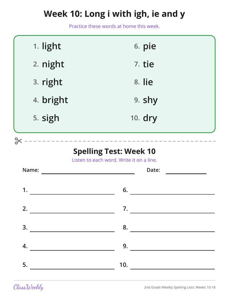2nd Grade Weekly Spelling Lists: Weeks 10-18 - Page 2