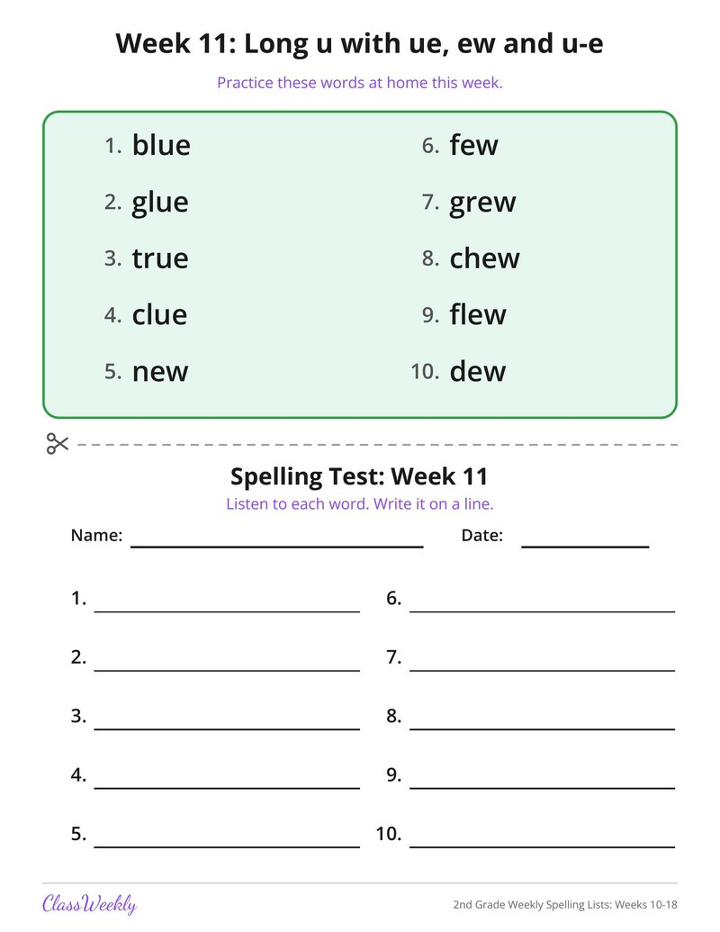 2nd Grade Weekly Spelling Lists: Weeks 10-18 - Page 3