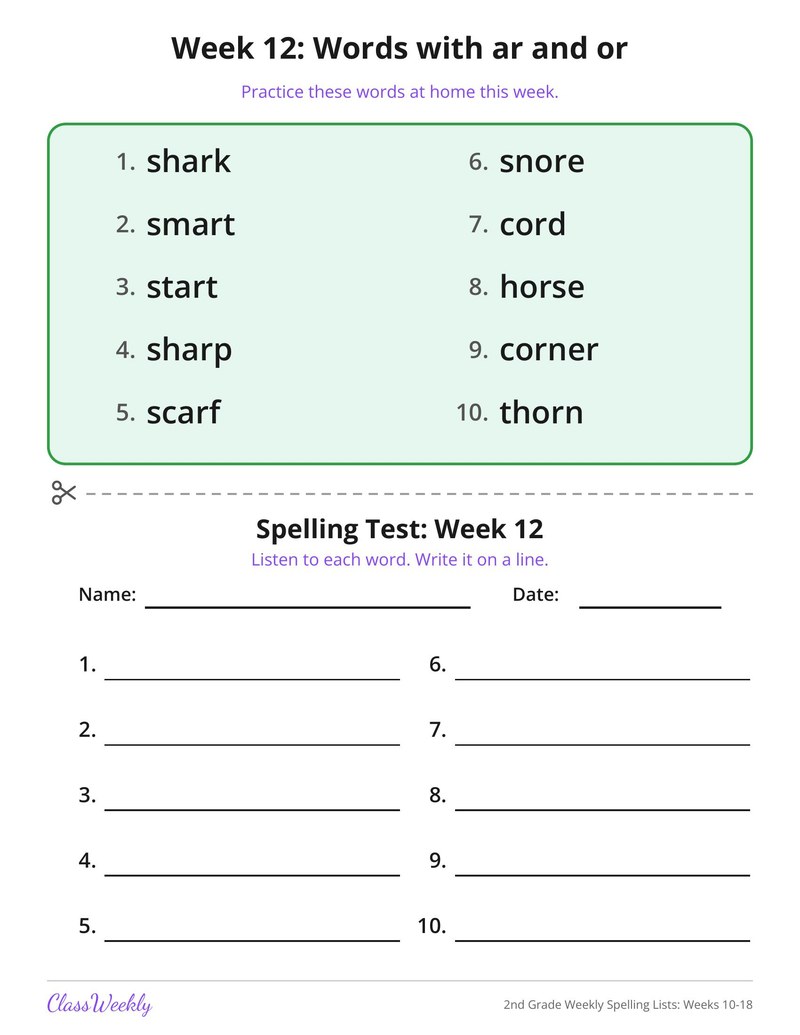 2nd Grade Weekly Spelling Lists: Weeks 10-18 - Page 4