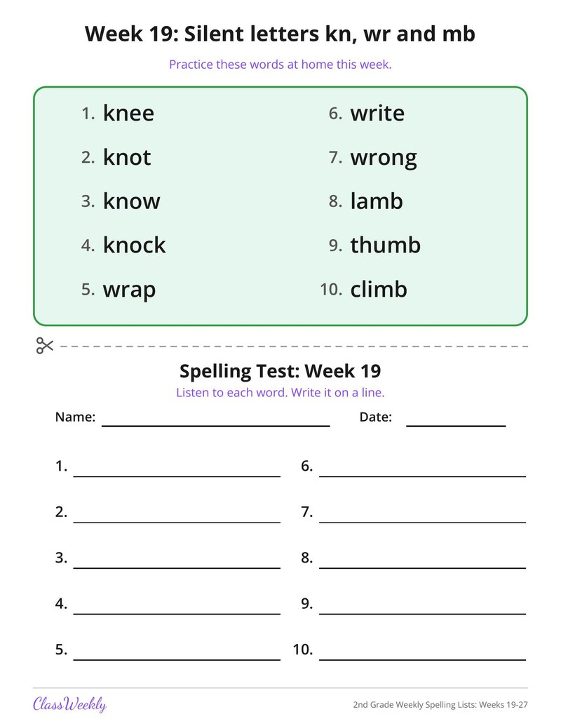 2nd Grade Weekly Spelling Lists: Weeks 19-27