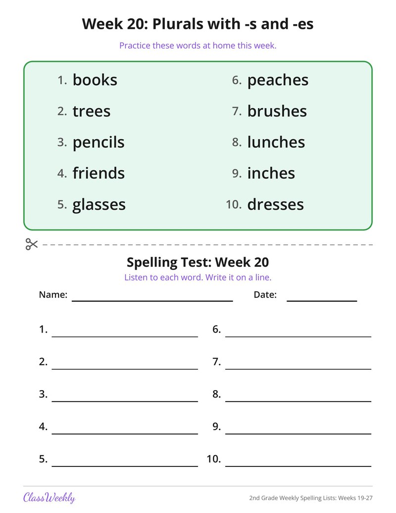 2nd Grade Weekly Spelling Lists: Weeks 19-27