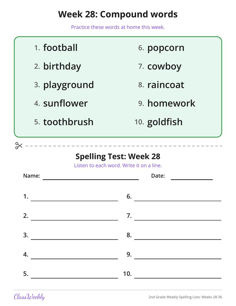 2nd Grade Weekly Spelling Lists: Weeks 28-36