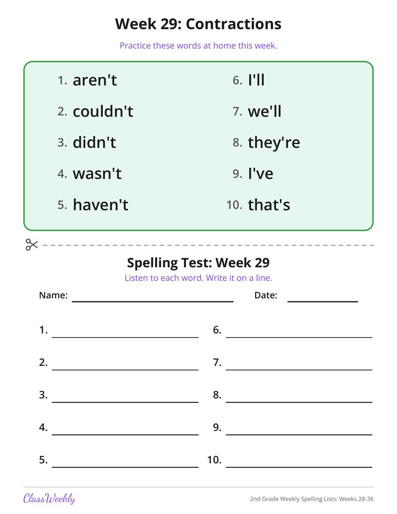 2nd Grade Weekly Spelling Lists: Weeks 28-36