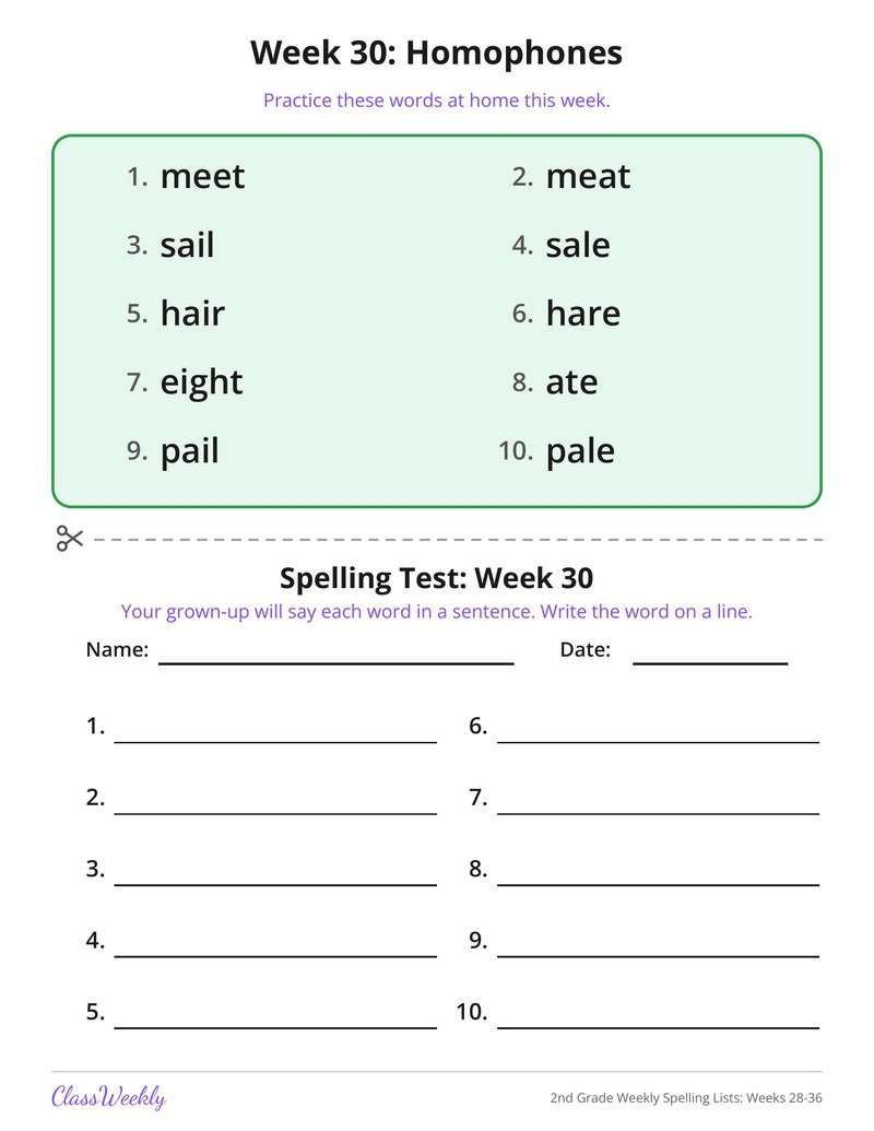 2nd Grade Weekly Spelling Lists: Weeks 28-36
