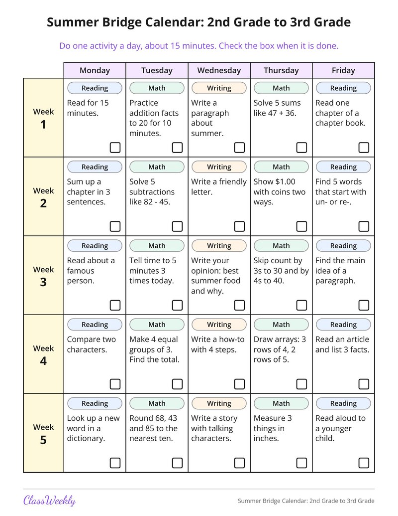 Summer Bridge Calendar: 2nd Grade to 3rd Grade - Page 2