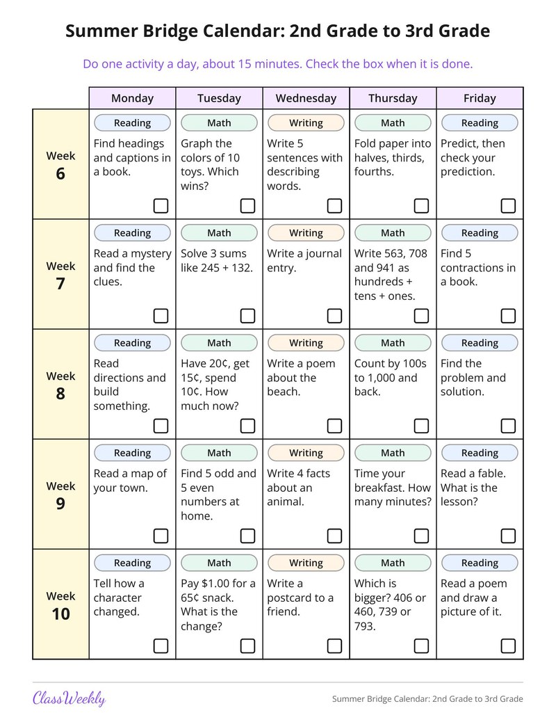 Summer Bridge Calendar: 2nd Grade to 3rd Grade - Page 3