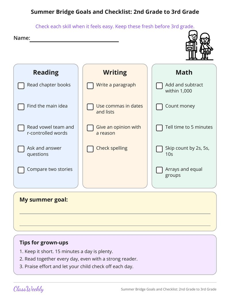 Summer Bridge Goals and Checklist: 2nd Grade to 3rd Grade