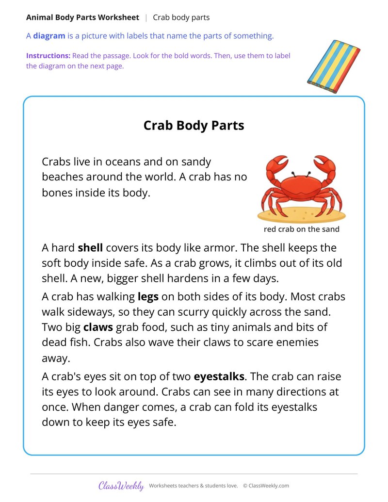 Crab Body Parts, Read and Label - Page 1