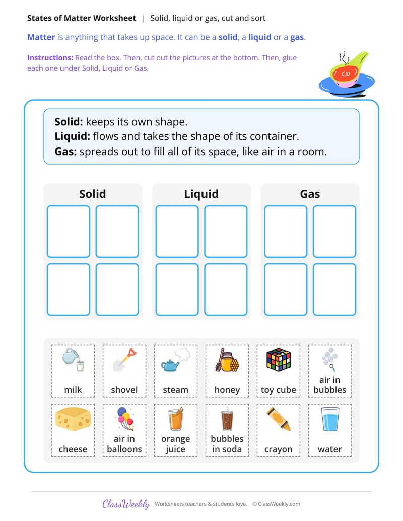 Solid, Liquid or Gas? Cut and Sort for 2nd Grade