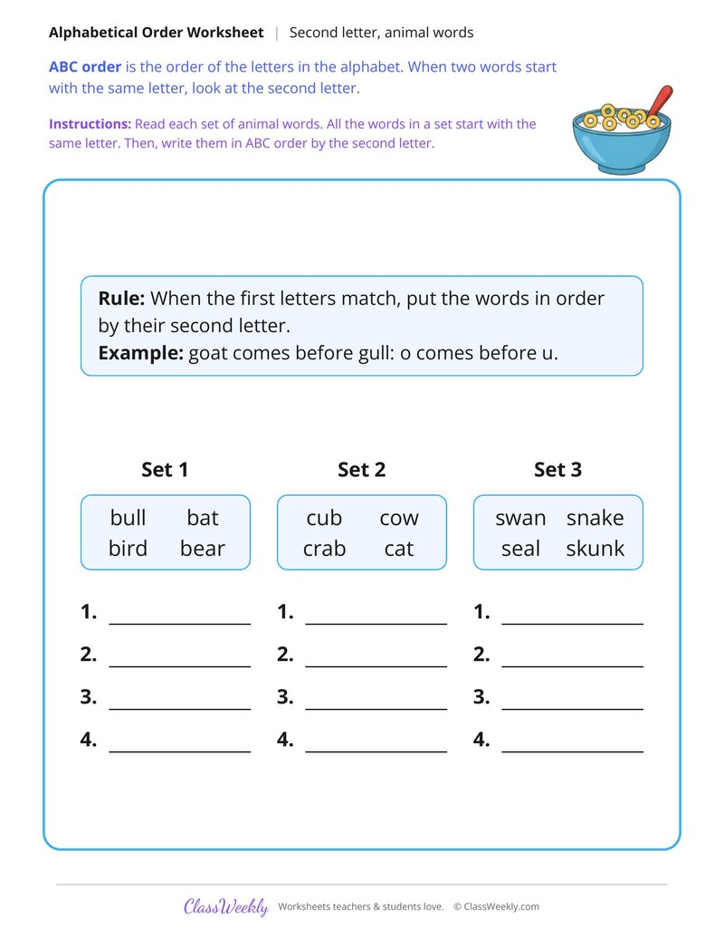 ABC Order to the Second Letter, Animal Words