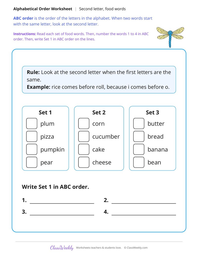 ABC Order to the Second Letter, Food Words