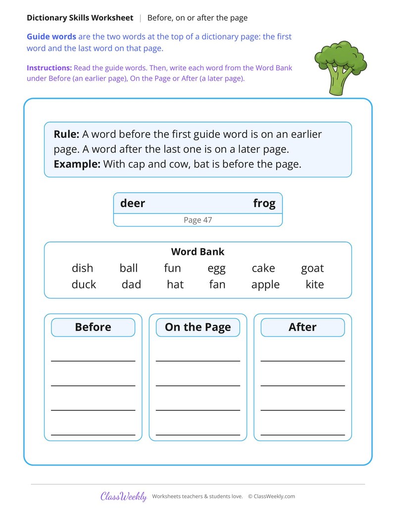 Before or After? Guide Word Sort