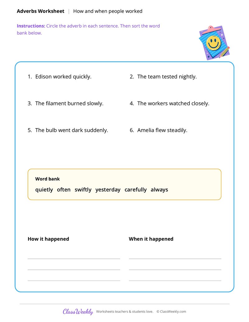 Adverbs: How and When People Worked - Famous Americans - Page 1