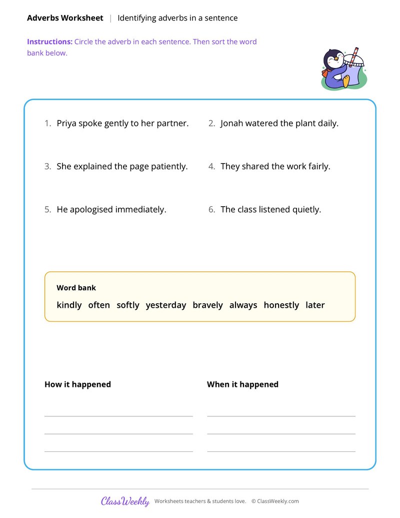 Identify Adverbs - Friendship & Kindness