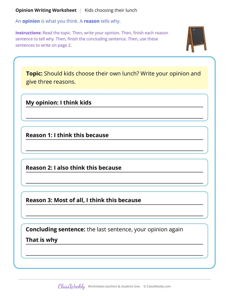 Should Kids Choose Their Own Lunch Opinion Writing - Page 1
