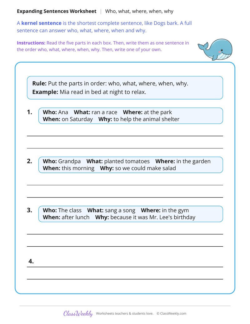 Expand a Sentence to Answer Five Question Words